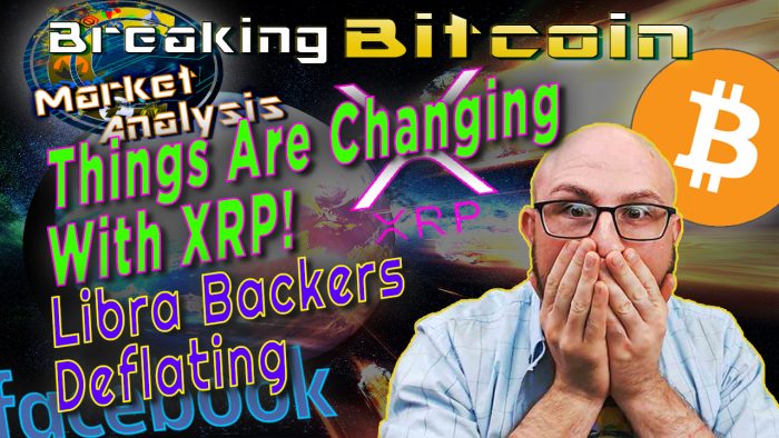 text things are changing with xrp! Libra backers deflating?! Next to justin shocked hands on face and graphic background with bitcoin and facebook logo
