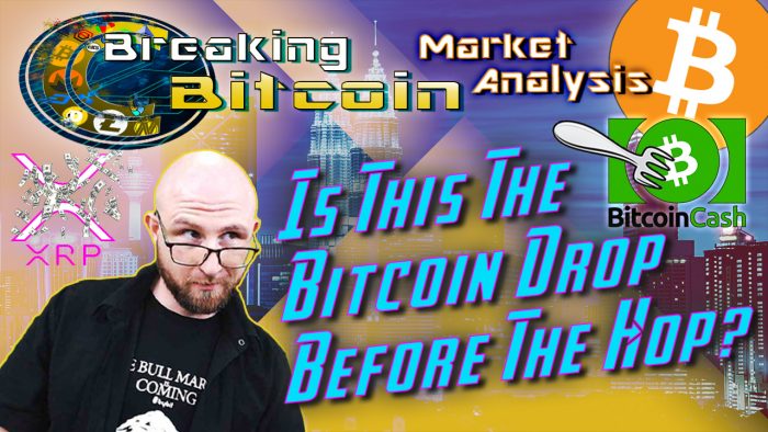 text is this the bitcoin drop before the hop? next to jay looking over his glasses at the words with bitcoin cash logo and fork over it and xrp logo with money raining over it and background graphic with bitcoin logo