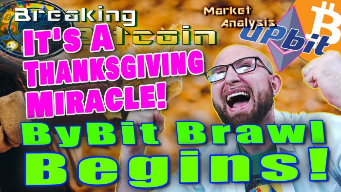 text it's thanksgiving! Bybit brawl begins next to over excited double fists in the air happy justin with fall leaves graphic background and upbit logo and ethereum logo and bitcoin logo
