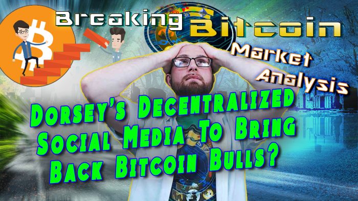 dorsey's decentralized social media to bring back bitcoin bulls over justin with hands on head exasperated face with graphic light shining background and bitcoin logo