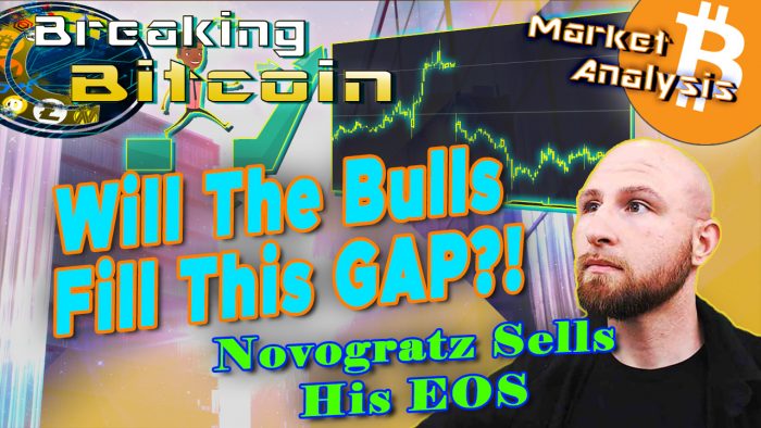 text will the bulls fill this gap? novogratz sells eos next to justin looking up at the words with graphic background and chart picture of the CME future gap that bitcoin price will fill and bitcoin logo