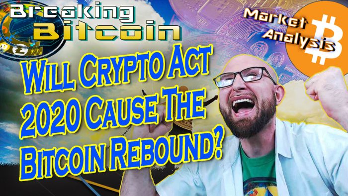 words will crypto act 2020 cause the bitcoin rebound? next to justin super excited happy with double fist clenched held high and graphic background of man in chains but very bright and coloful happy and bitcoin logo