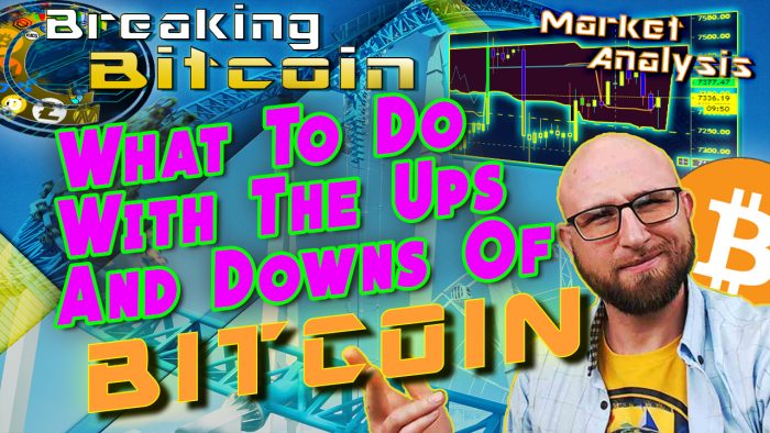 text what to do with the ups and downs of bitcoin! next to Justin shrugging with hand up like what are you going to do with bitcoin chart showing pump and dump and graphic background and bitcoin logo
