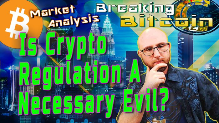 text is crypto regulation a necessary evil next to justin with hand on chin thinking and city landscape graphic background with bitcoin logo