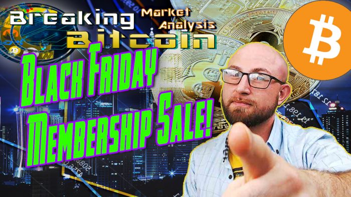 text black friday membership sale next to justin pointing at camera for you with graphic turkey and background and bitcoin logo