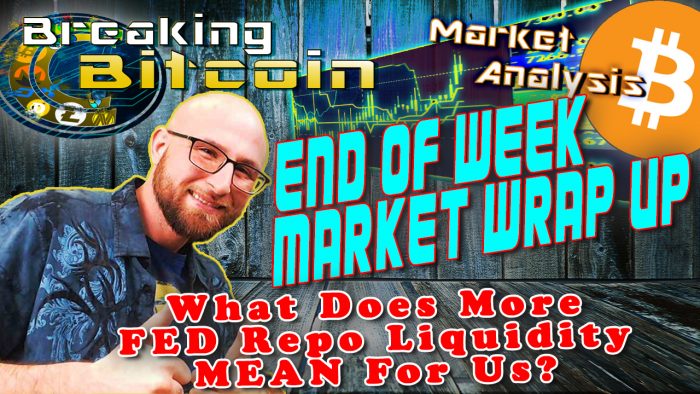 text end of week market wrap up and what does the fed repo liquidity rising mean for us background graphic and bitcoin logo