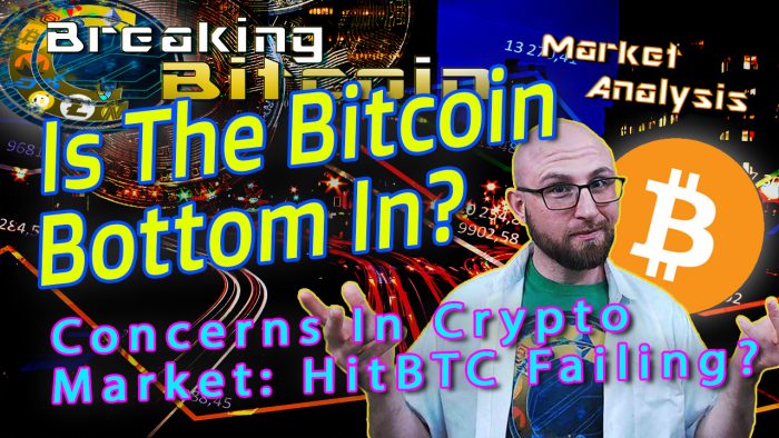 text is the bitcoin bottom in? next to justin shrugging with hands up curious face and red bearish graphic background and bitcoin logo