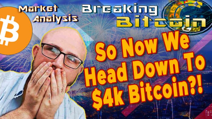 text so now we head down to $4k bitcoin?! next to justin shocked hands on face real big and close up with graphic background bearish red overlay and bitcoin logo