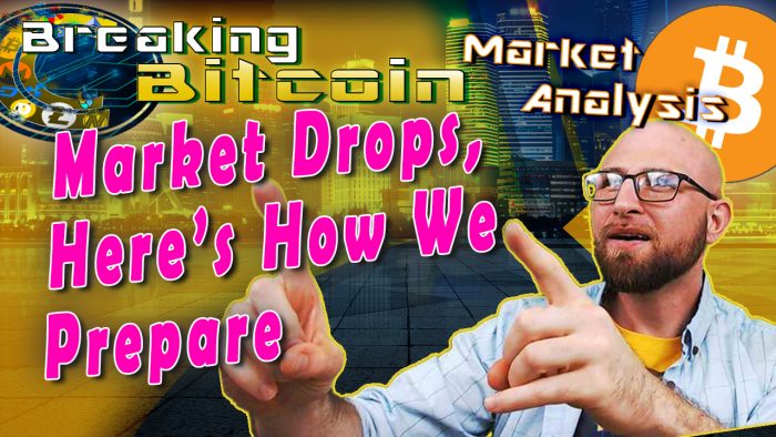 text market drops, here's how we prepared next to justin looking up at words and pointing like 'ah yes, we were prepared' with yellow graphic background and bitcoin logo