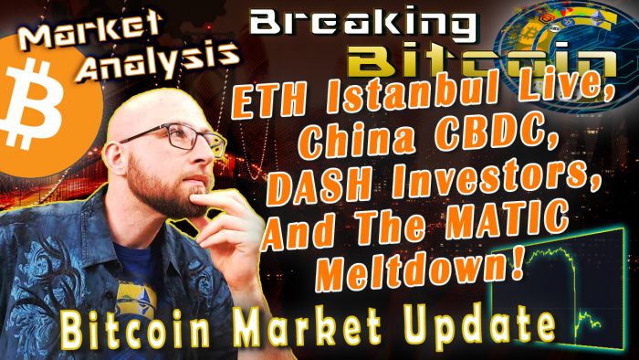 text eth istanbul live, china CBDC, dash investors, and the matic meltdown next to jay hand on chin thinking with graphic city landscape background bitcoin market update and bitcoin logo