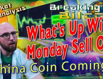 text what's up with monday sell off? next to justin super confused 'what the what' face thinking at words with glowing chart of bitcoin chart showing bearish sell off and graphic background and bitcoin logo