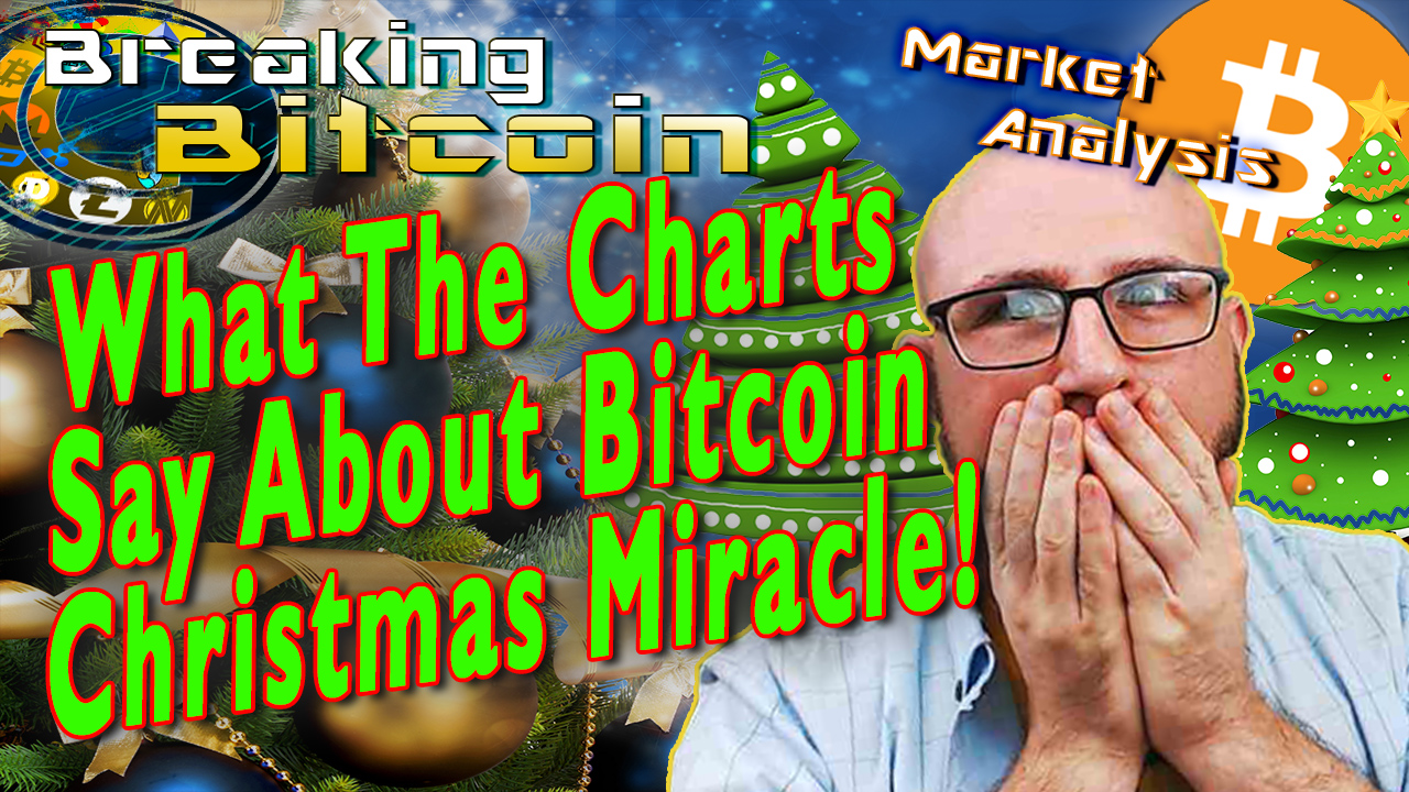 text what the charts say about bitcoin christmas miracle! next to justin shocked hands on face covering mouth with graphic background design and christmas trees and bitcoin logo