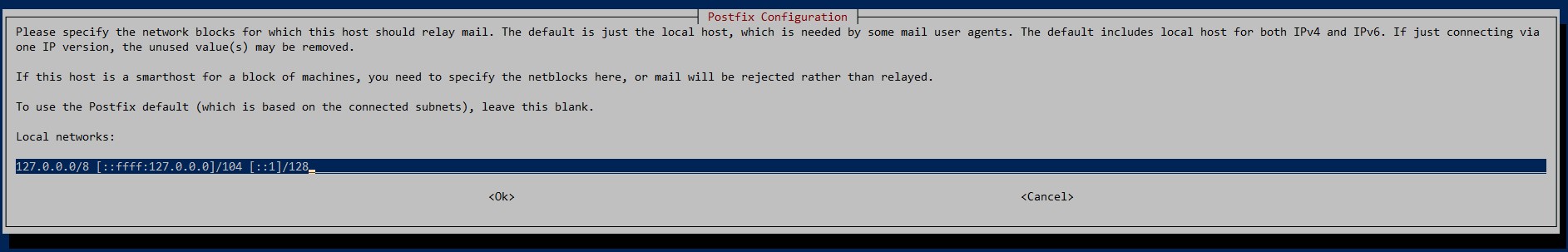 postfix configuration local networks default